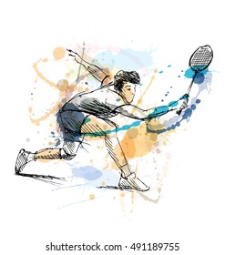 Un dibujante de colores que toca bádminton. Ilustración del vector