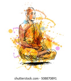 Colored hand sketch meditating monk. Vector illustration