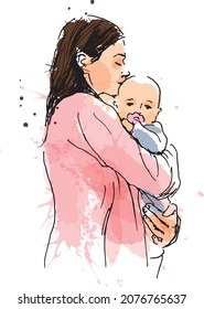 Colored hand sketch of mother with baby. Vector illustration.