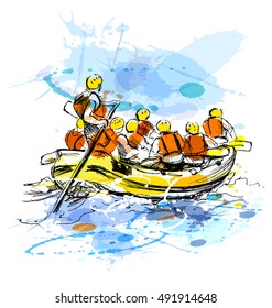 Colored hand sketch of people on a raft. Vector illustration