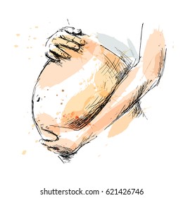 Colored hand sketch pregnant belly  Vector illustration