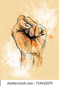 Colored hand sketch raised his clenched hand on a grunge background. Vector illustration