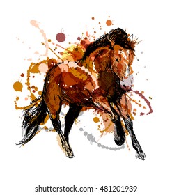 Colored hand sketch of a running horse. Vector illustration
