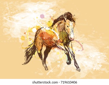 Colored hand sketch of a running horse on a grunge background. Vector illustration
