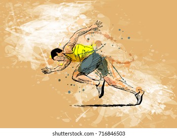 Colored hand sketch running man on a grunge background. Vector illustration