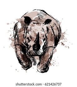 Colored hand sketch of the running rhino. Vector illustration