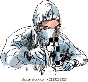 Colored hand sketch of a scientist at work. Vector illustration.