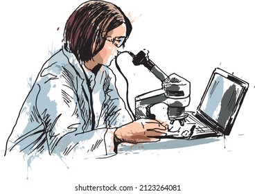 Colored hand sketch of a scientist at work. Vector illustration.