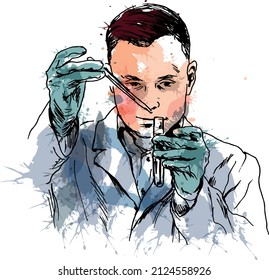 Colored hand sketch of a scientist at work. Vector illustration.