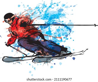 Colored hand sketch of a skier. Vector illustration.