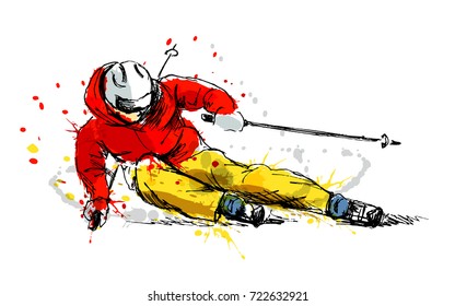 Colored hand sketch skier. Vector illustration