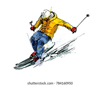 Colored Hand Sketch Skier. Vector Illustration