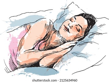 Colored hand sketch sleeping woman  Vector illustration 