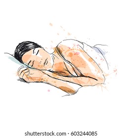 Colored hand sketch of a sleeping woman. Vector illustration