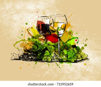 Colored hand sketch still life with glasses of wine on a grunge background