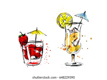 Colored hand sketch of summer drinks. Vector illustration