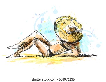 Colored hand sketch sunbather woman with hat. Vector illustration