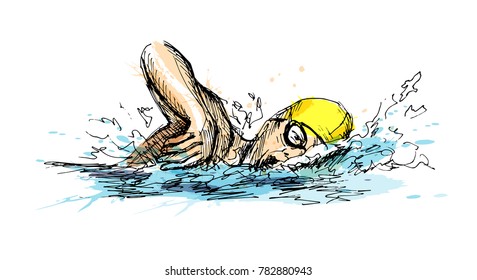 Colored hand sketch swimmer. Vector illustration