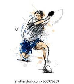 Colored Hand Sketch Table Tennis Player. Vector Illustration