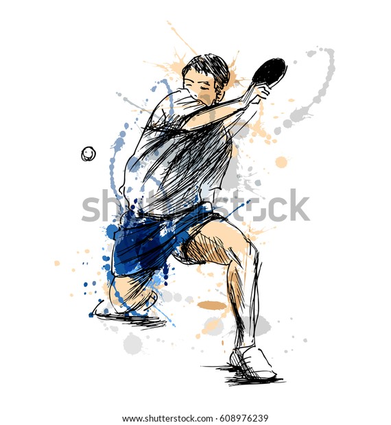 Colored hand sketch table tennis player.
Vector illustration