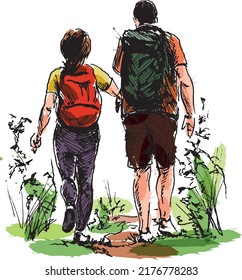 Colored hand sketch of tourists. Vector illustration.
