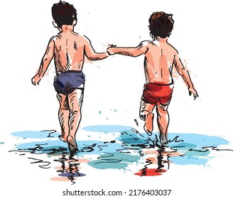 Colored hand sketch of two boys in the water. Vector illustration.