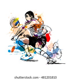 Colored hand sketch volleyball player. Vector illustration