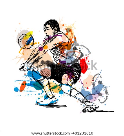 Colored hand sketch volleyball player. Vector illustration