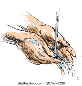 Colored hand sketch washing hands. Vector illustration.