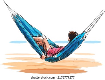 Colored hand sketch of a woman in a hammock. Vector illustration.