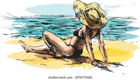 Colored hand sketch woman on the beach. Vector illustration.