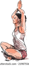 Colored hand sketch of a woman practicing yoga. Vector illustration.