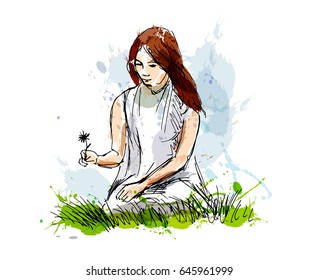 Colored hand sketch woman sitting in grass. Vector illustration