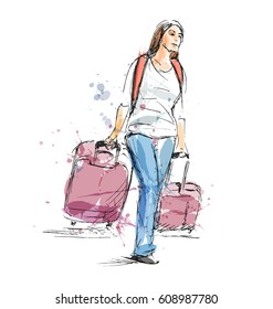 Colored hand sketch woman with a suitcase. Vector illustration