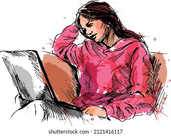 Colored hand sketch of a young girl watching a computer. Vector illustration.