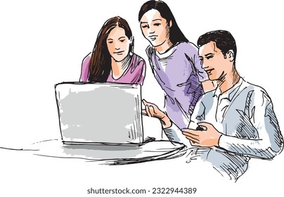 Colored hand sketch of young people at work. Vector illustration.