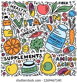 Colored Hand sketched doodle: Vitamins and supplements with fruits, vegatablees, pills drawings. Pattern Colorful Vector illustration isolated on white background. 