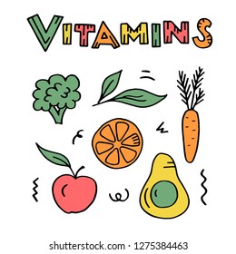 Colored Hand sketched doodle: Vitamins with fruits and vegetables drawings. Pattern Colorful Vector illustration isolated on white background. 