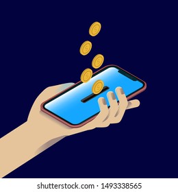 Colored hand with smartphone and coins in isometric on blue background. Money box.