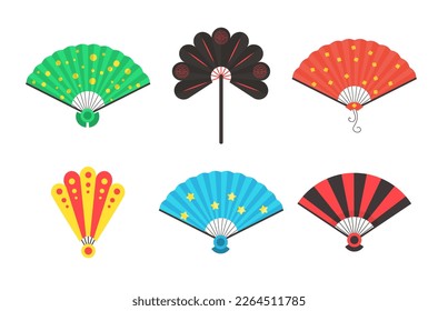 Colored hand traditional fan set isolated on white background. Chinese and japanese opened and close hand fan in cartoon style. Vector illustration in flat style. EPS 10.