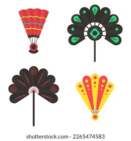 Colored hand traditional fan set isolated on white background. Chinese and japanese opened and close hand fan in cartoon style. Vector illustration in flat style. EPS 10.