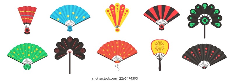 Colored hand traditional fan set isolated on white background. Chinese and japanese opened and close hand fan in cartoon style. Vector illustration in flat style. EPS 10.