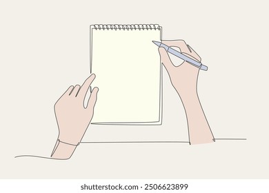 Colored hand writing in notebook. Notepads concept one-line drawing
