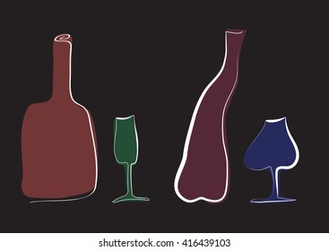 Colored hand-drawn bottles and glass.