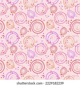 Colored hand-drawn elements on a pink background, seamless pattern for packaging design, stores, background for website banners. Vector color illustration.