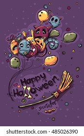Colored hand-drawn Halloween doodles - Ghost with the balls on a broomstick