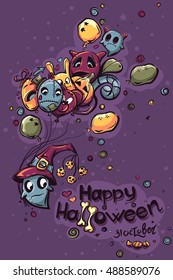 Colored hand-drawn Halloween doodles vector illustration - Ghost with balloons
