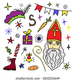 Colored hand-drawn vector doodle set, New Year, Christmas decor. Traditional holiday, St. Nicholas Day, Sinterklaas, elements for design gift wrap, pattern, postcards.