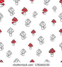 Colored hand-drawn vector illustration of a group of big and small red fresh mushrooms Fly agaric isolated on a white background. Seamless pattern