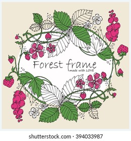 Colored hand-drawn vector vintage  frame. Forest or garden herbs, flowers, leaves, branches, flourishes, swirl. Element for design.  Oval, round, circle form.  Black, white,  dark green, purple colors